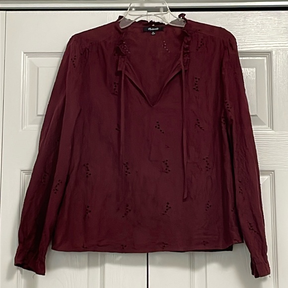 EUC Madewell Maroon Ruffle Puff Sleeve Eyelet Top Blouse Women's Size XL - Picture 1 of 10